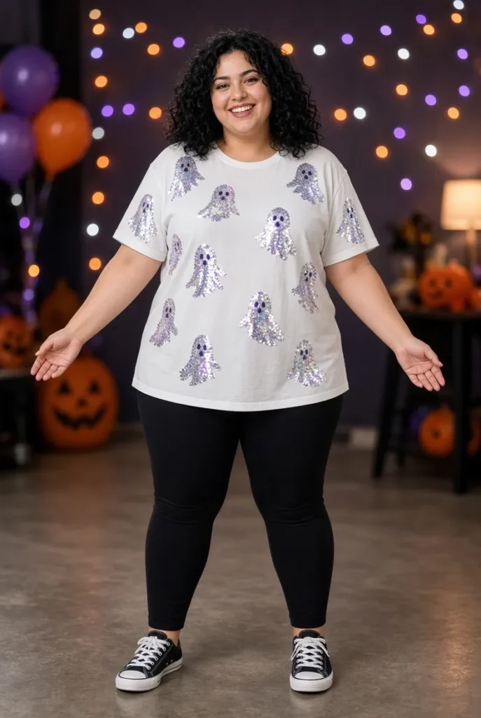 Plus Size Casual Halloween Costume White Ghosts Round-Neck Short Sleeve Pattern Sequin T-Shirt
