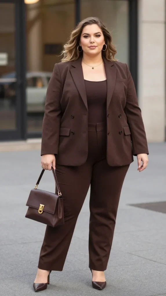 Plus Size Chocolate Brown Suit Autumn Outfit