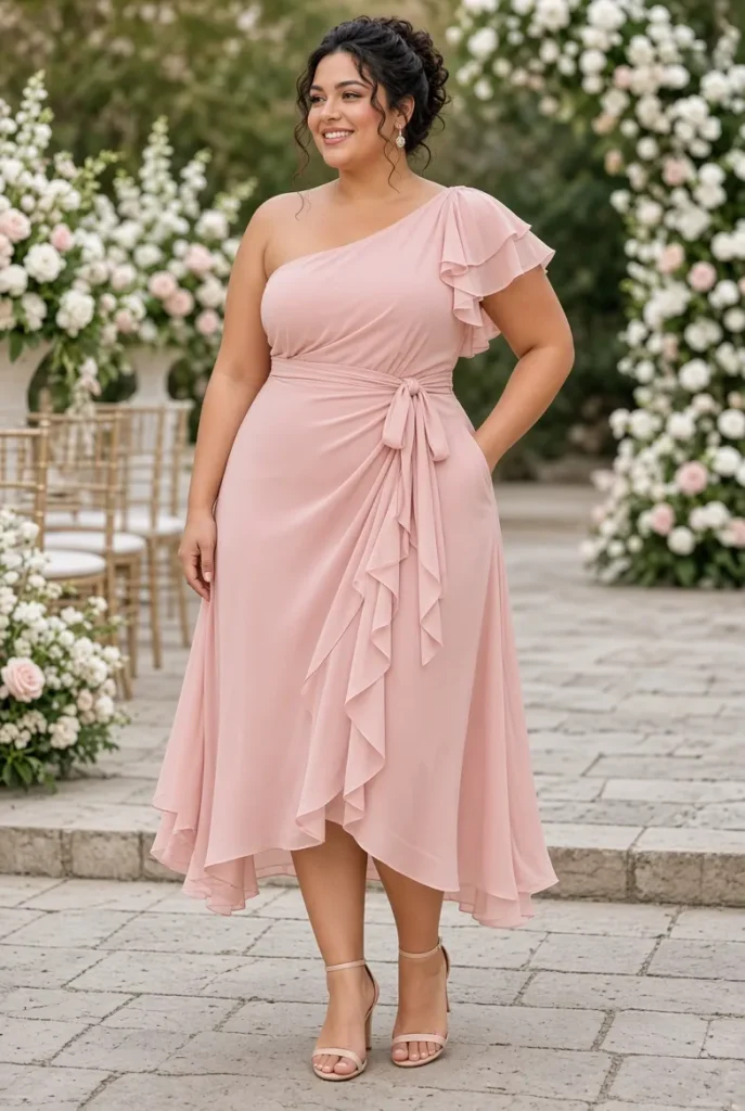 Plus Size Cocktail Party Elegant Pink Oblique Collar Short Sleeve Ruffle Wrap Chiffon Midi Dress