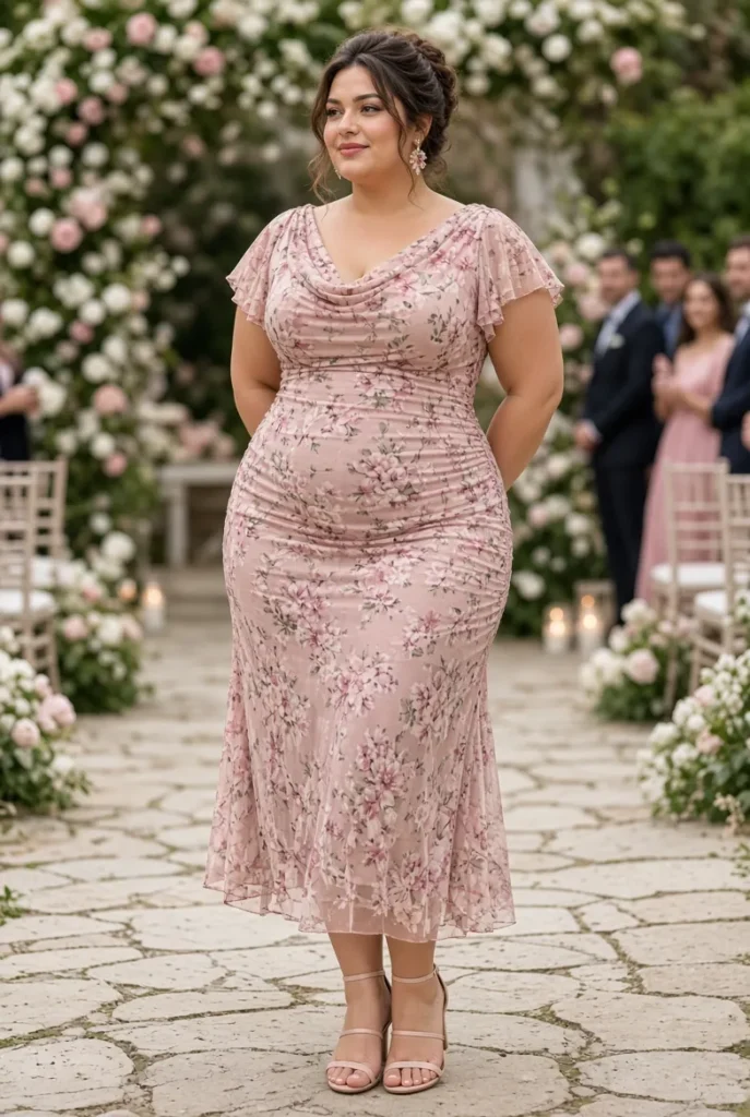 Plus Size Cocktail Party Pink Floral Cowl Neck Short Sleeve Fold Bodycon Tulle Midi Dress