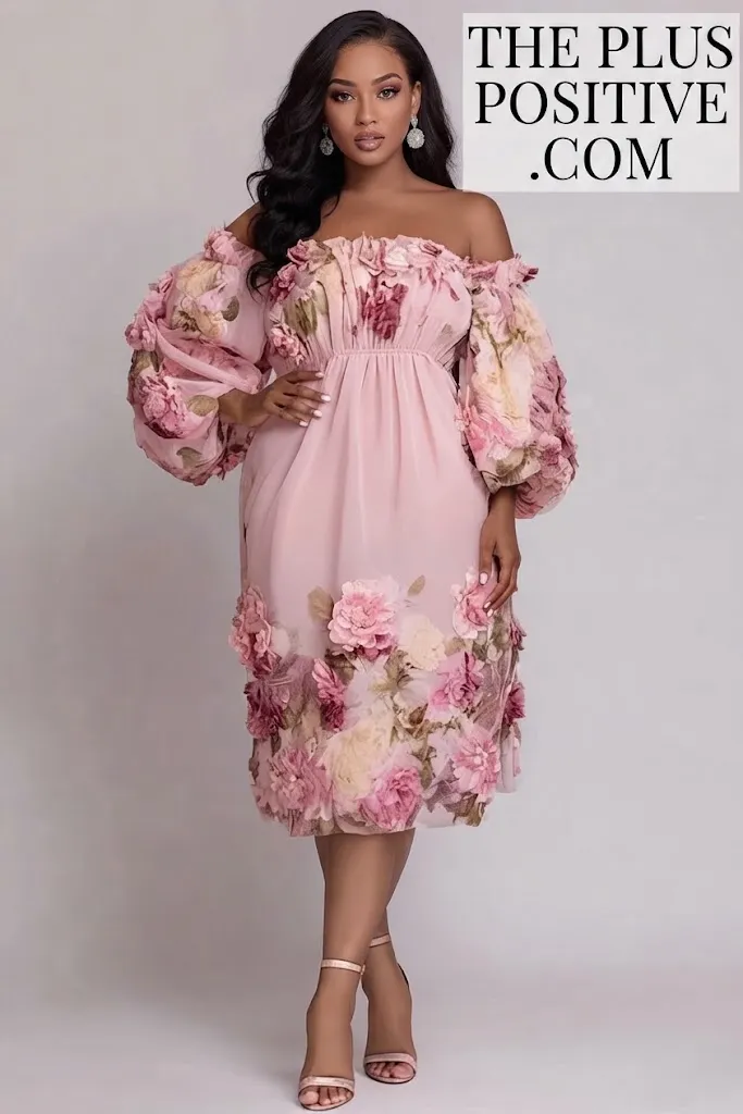 Plus Size Cocktail Party Pink Floral Off-The-Shoulder 3D Chiffon Midi Dress