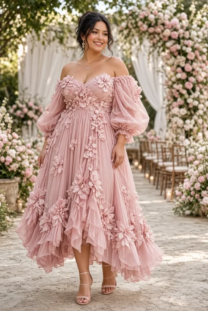 Plus Size Cocktail Party Pink Floral Off The Shoulder 3D Chiffon Midi Dress