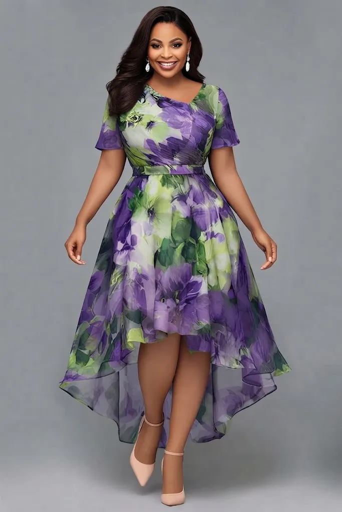 Plus Size Cocktail Party Purple Floral Asymmetrical Collar Short Sleeve Asymmetric Hem Chiffon Midi Dress