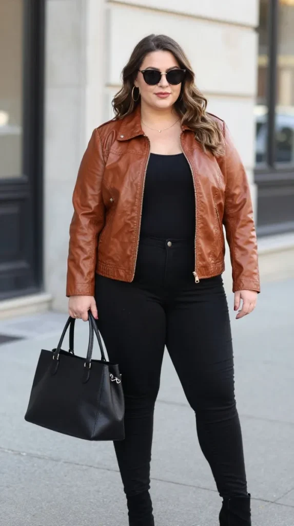 Plus Size Cognac Leather Jacket Autumn Outfit