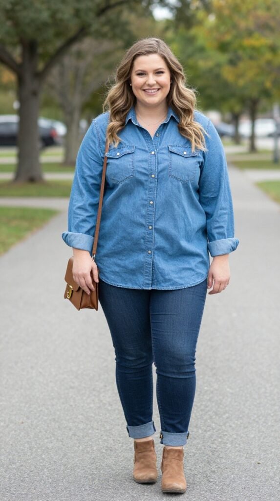 Plus Size Cute Denim Shirt Autumn Outfit
