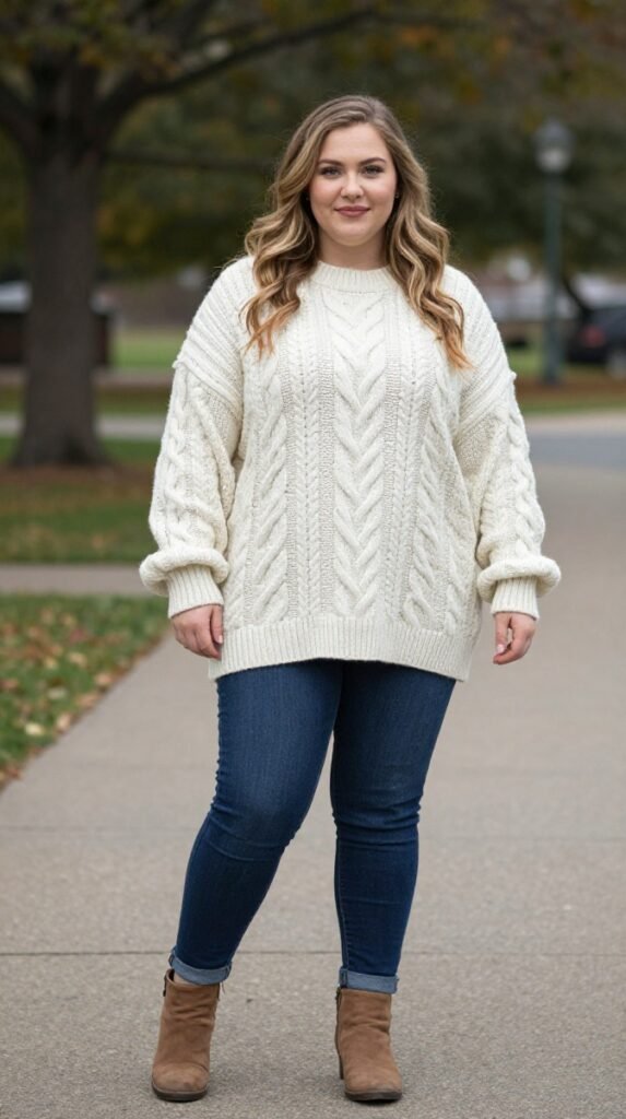 Plus Size Cute Oversized Cable Knit Sweater Autumn Outfit