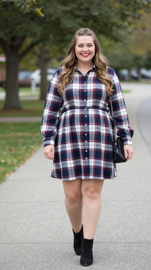 Plus Size Cute Plaid Shirt Dress Autumn Outfit