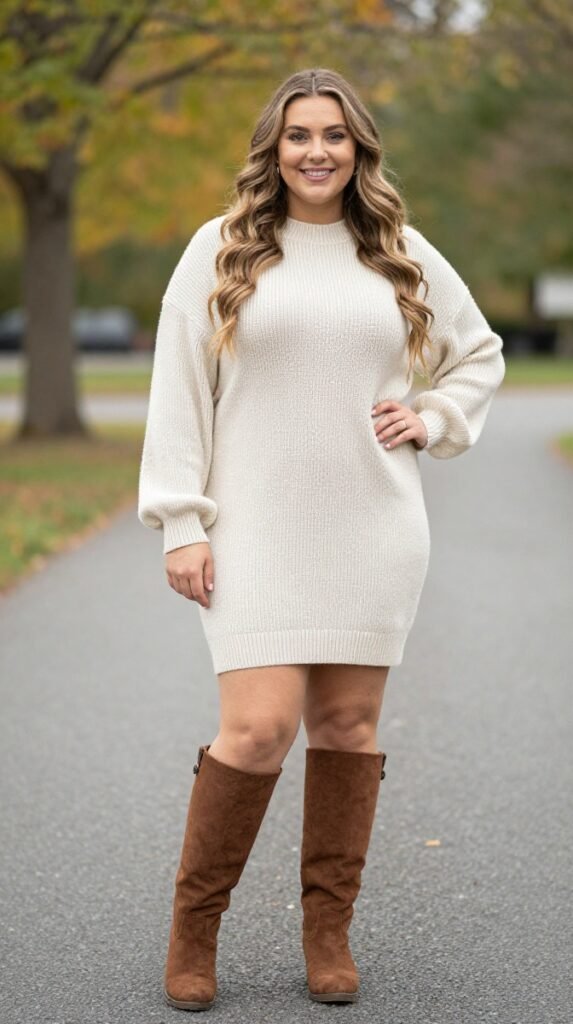 Plus Size Cute Sweater Dress With Boots Autumn Outfit