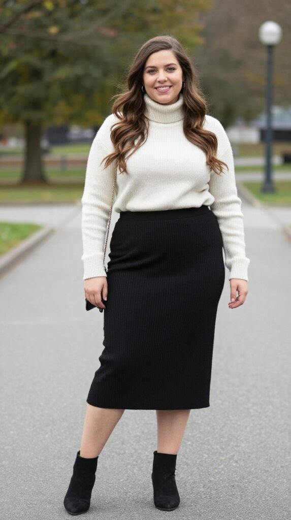 Plus Size Cute Turtleneck Midi Skirt Autumn Outfit