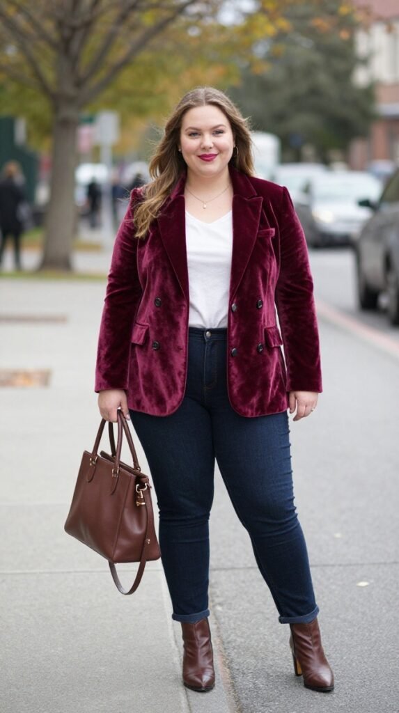 Plus Size Cute Velvet Blazer Autumn Outfit
