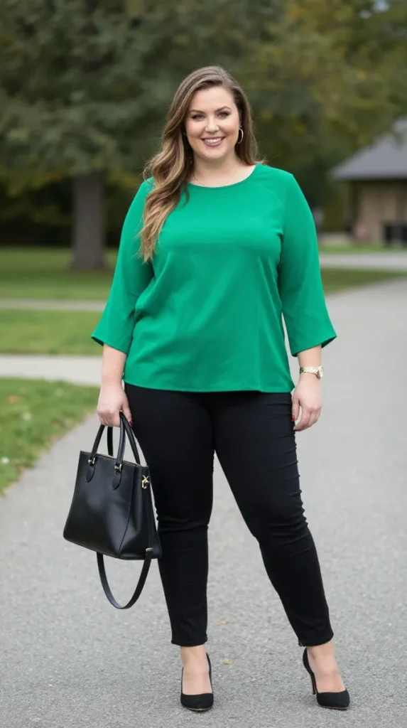 Plus Size Emerald Green Blouse Autumn Outfit