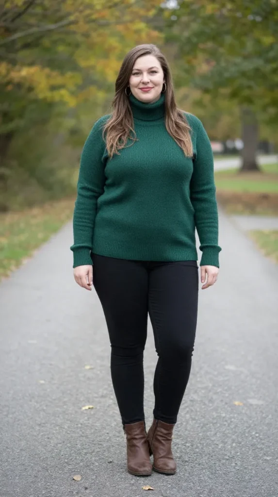 Plus Size Forest Green Turtleneck Autumn Outfit