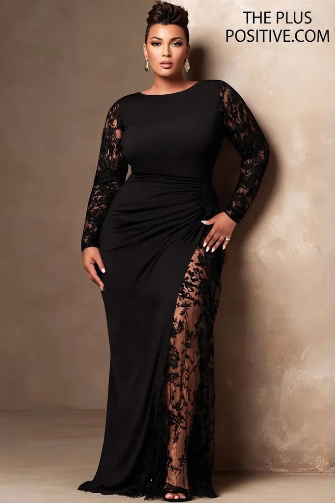 Plus Size Formal Black Round Neck Long Sleeve Contrast See-Through Lace Maxi Dress