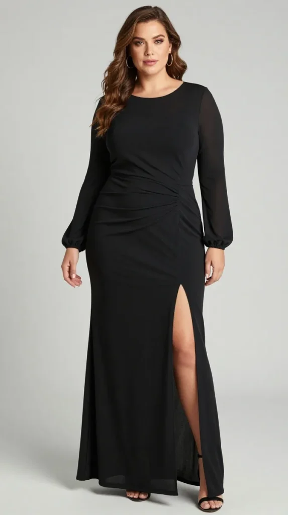 Plus Size Formal Black Round Neck Long Sleeve See-Through Split Maxi Dress