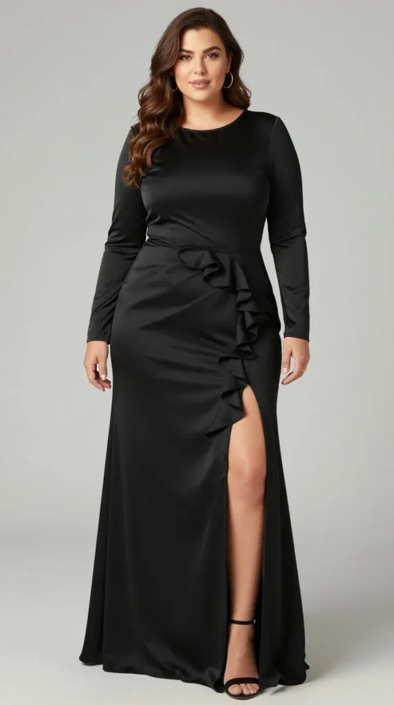 Plus Size Formal Black Round Neck Long Sleeve Split Elegant Ruffle 3D Satin Maxi Dress