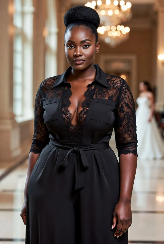 Plus Size Formal Black Shirt Collar 34 Sleeve Pocket Wide Leg Lace Jumpsuit