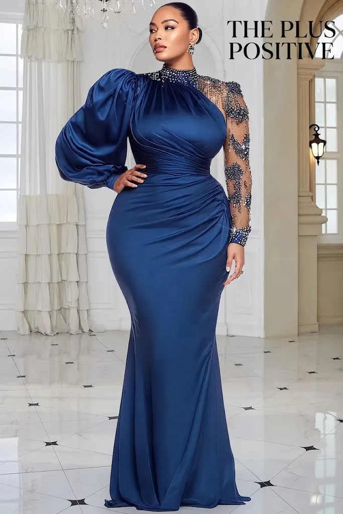 Plus Size Formal Blue Mock Neck Lantern Sleeve Long Sleeve Drilling Elegant See-Through Tulle Satin Maxi Dress