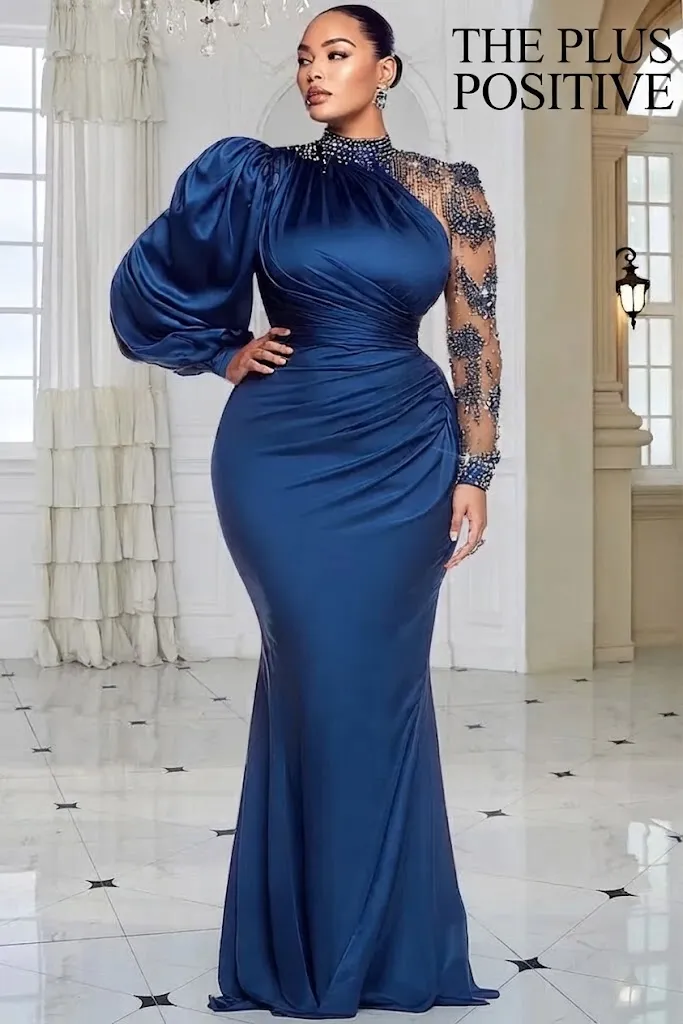 Plus Size Formal Purple V-Neck Long Sleeve Bodycon Contrast Lace Maxi Dress