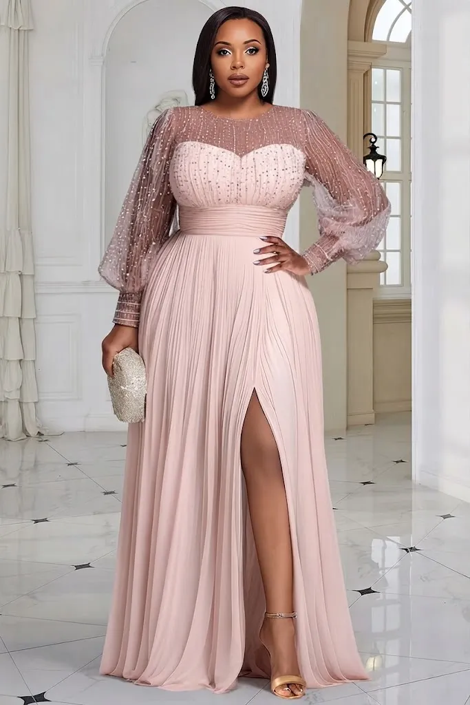 Plus Size Formal Champagne Round Neck Long Sleeve Split Elegant See Through Sequin Chiffon Maxi Dress