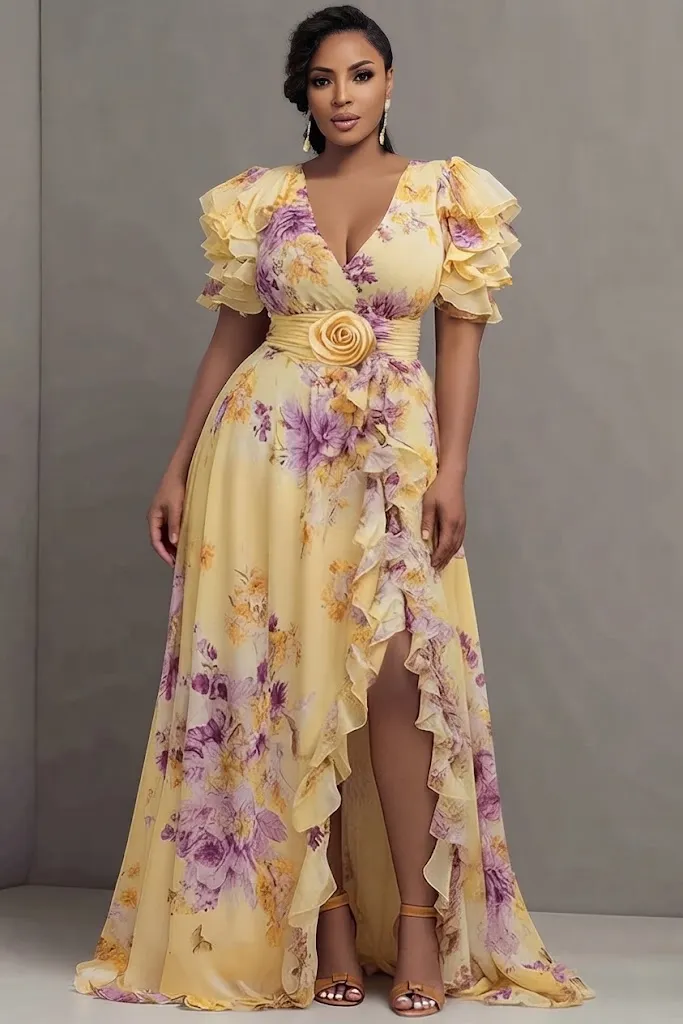 Plus Size Formal Elegant Yellow Floral V-Neck Short Sleeve Ruffle 3D Chiffon Maxi Dress
