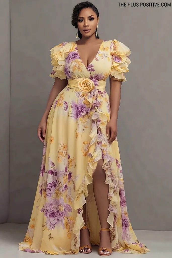 Plus Size Formal Elegant Yellow Floral V-Neck Short Sleeve Ruffle 3D Chiffon Maxi Dress