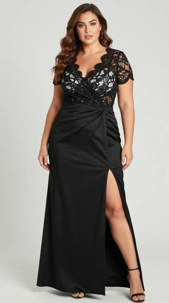 Plus Size Formal Lace Black Wrap Neck Short Sleeve See-Through Split Satin Maxi Dress