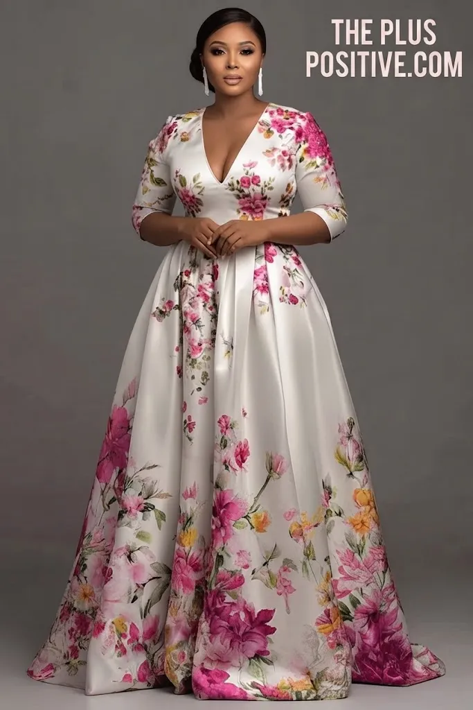 Plus Size Formal Multicolor Floral V-Neck Short Sleeve Pocket Satin Maxi Dress