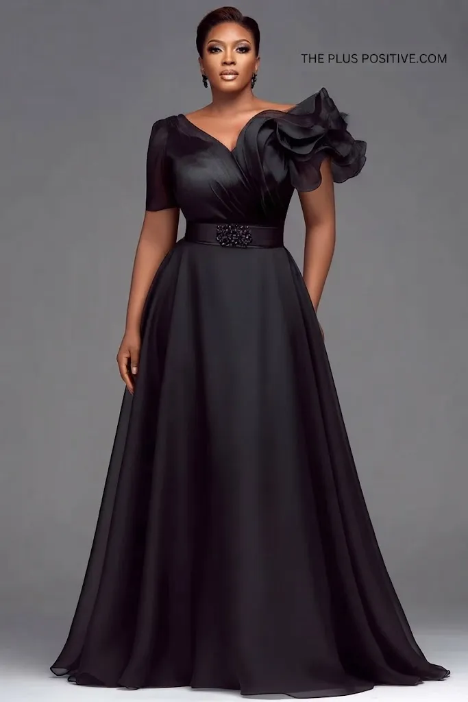 Plus Size Formal Organza Black V-Neck Short Sleeve Ruffle Chiffon Maxi Dress