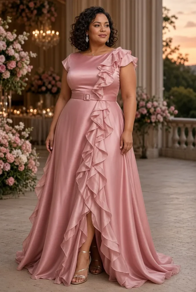 Plus Size Formal Organza Pink Round Neck Cap Sleeve Short Sleeve Ruffle Split Satin Maxi Dress