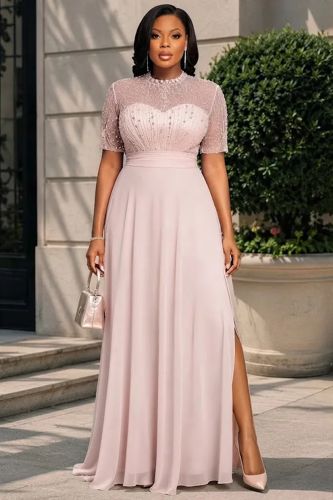 Plus Size Formal Pink Round Neck Short Sleeve Split Drilling Chiffon Maxi Dress
