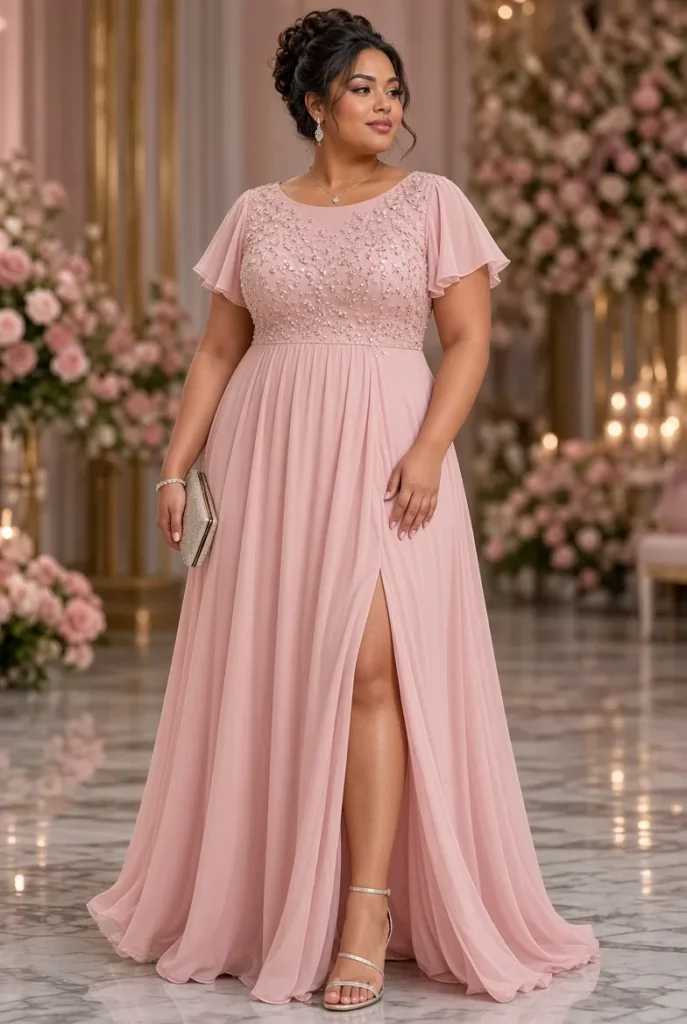 Plus Size Formal Pink Round Neck Short Sleeve Split Drilling Chiffon Maxi Dress