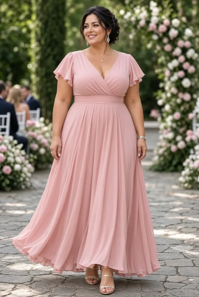 Plus Size Formal Pink Wrap Neck Short Sleeve Ruffle Pleated Maxi Dress