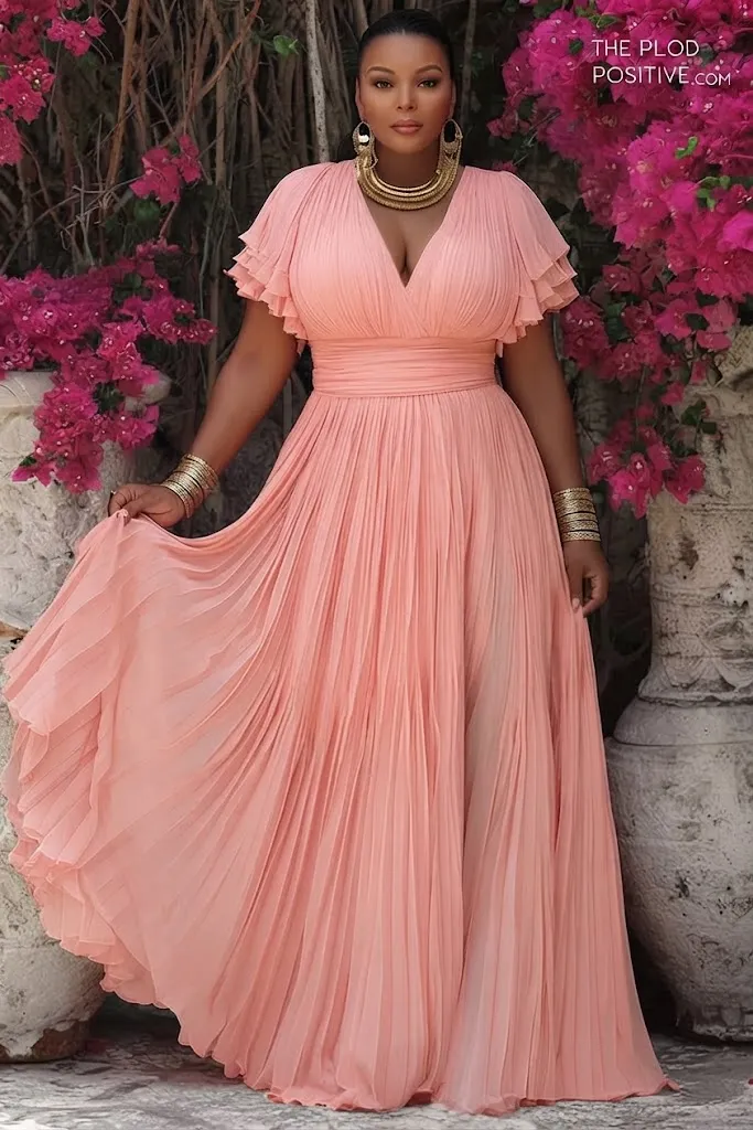Plus Size Formal Pink Wrap Neck Short Sleeve Ruffle Pleated Maxi Dress