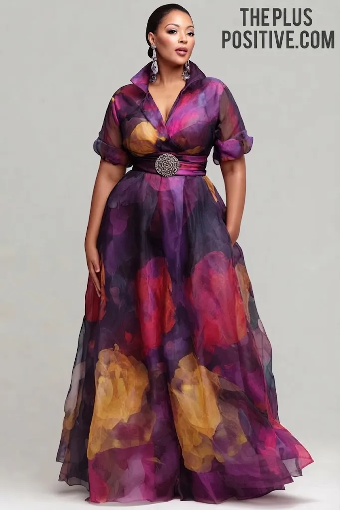 Plus Size Formal Purple Floral Short Sleeve Pocket Organza Maxi Dress