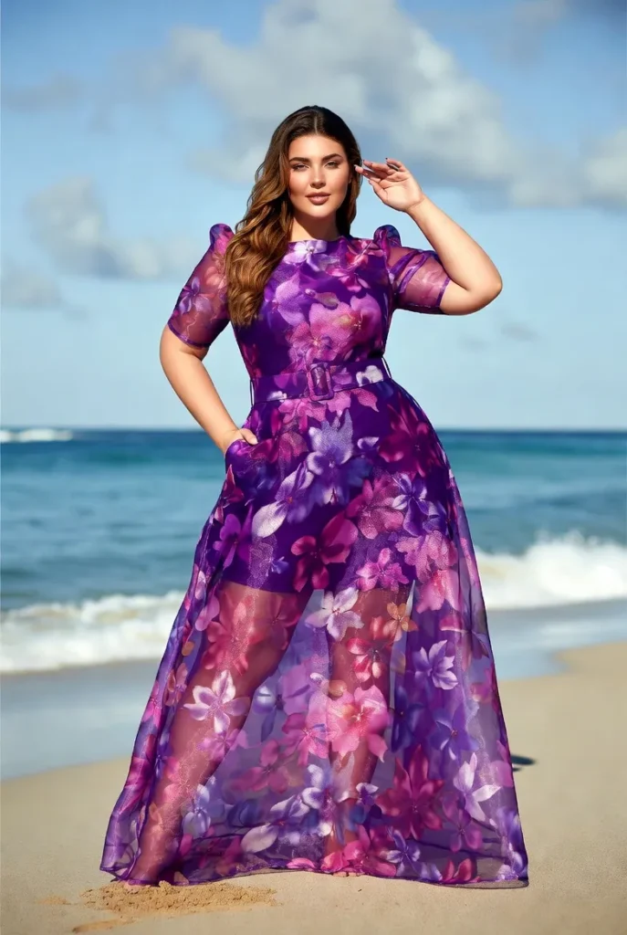 Plus Size Formal Purple Floral Short Sleeve Pocket Organza Maxi Dress