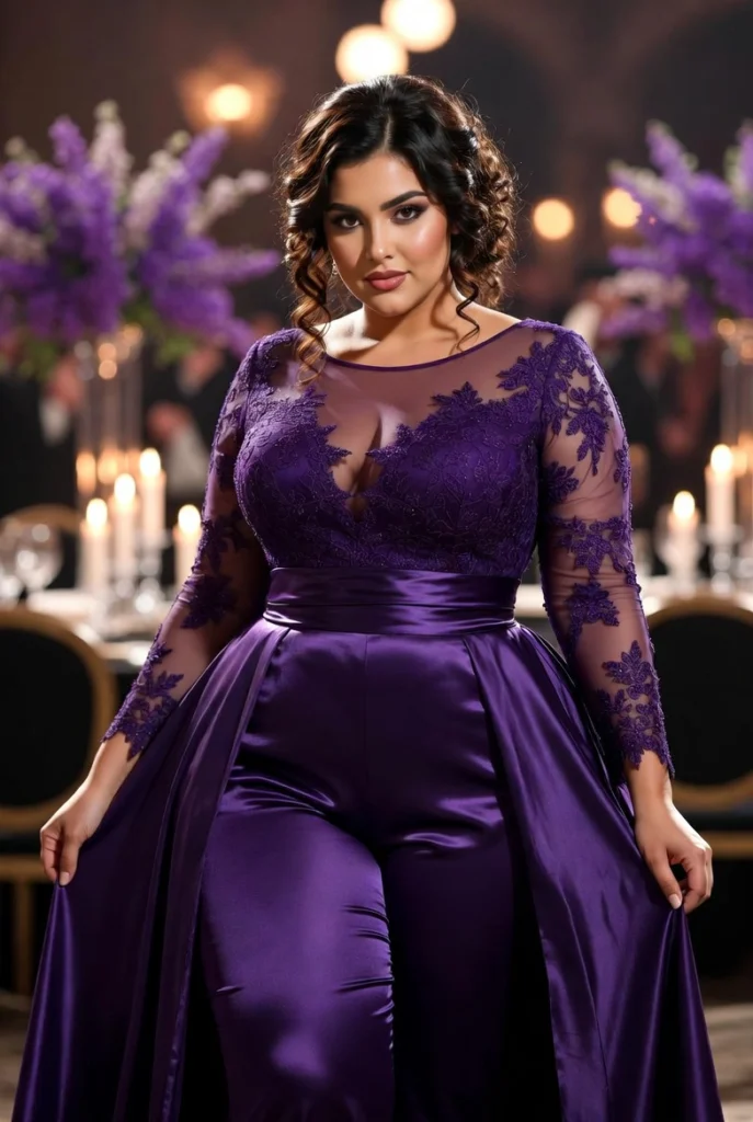Plus Size Formal Purple Round Neck Long Sleeve Elegant See-Through Satin Jumpsuit