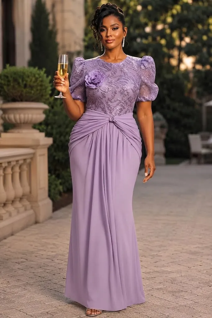 Plus Size Formal Purple Round Neck Puff Sleeve Short Sleeve 3D Lace Maxi Dress