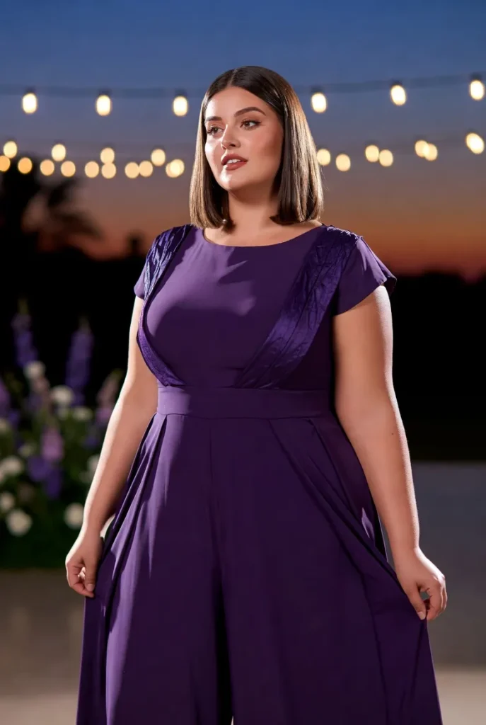 Plus Size Formal Purple Round Neck Short Sleeve 3D Wide Leg Jumpsuit