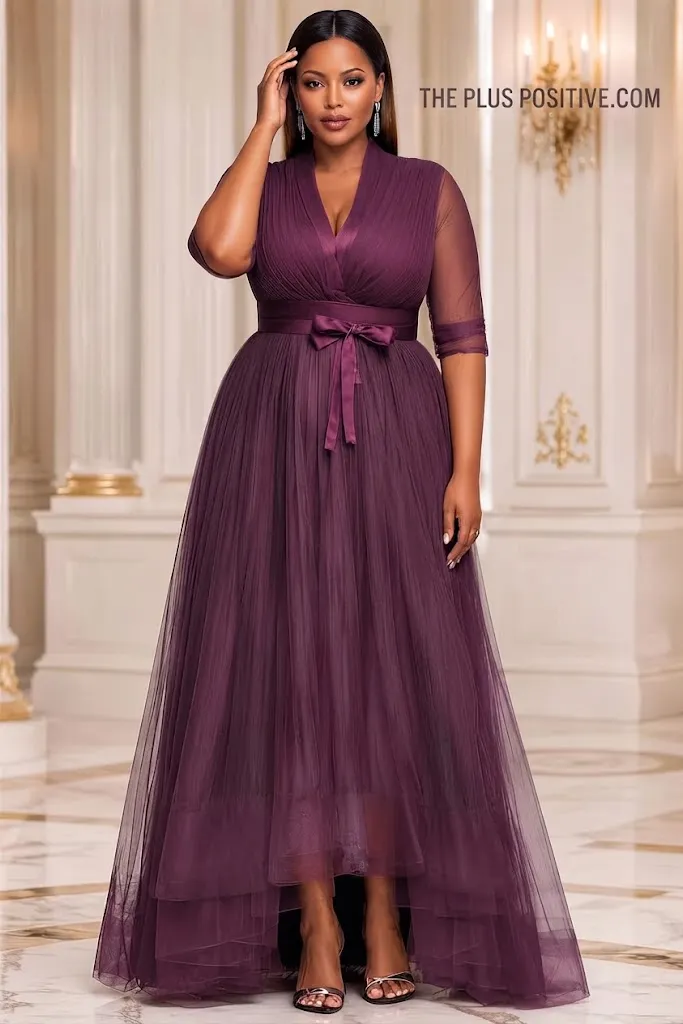 Plus Size Formal Purple V-Neck Half Sleeve Asymmetric Hem Tulle Maxi Dress