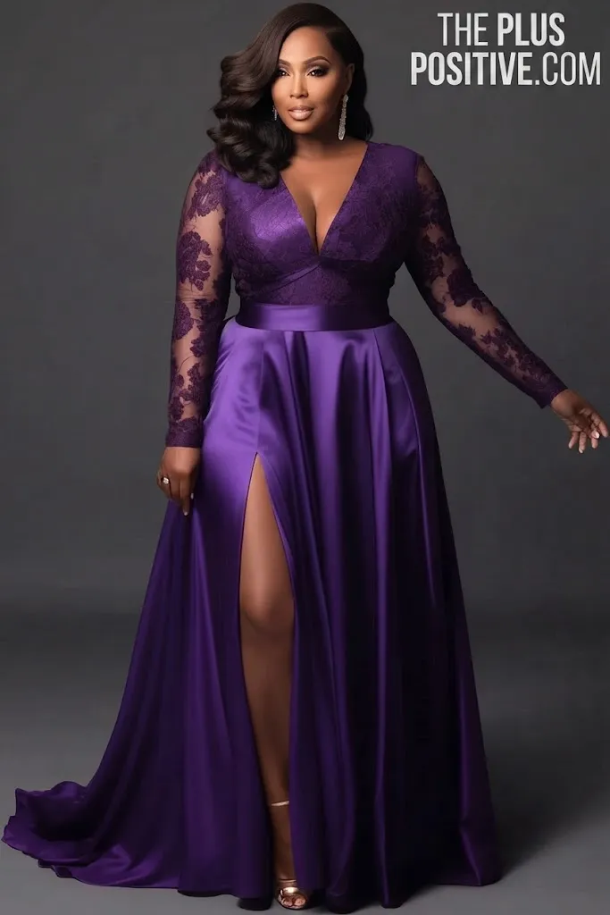 Plus Size Formal Purple V-Neck Long Sleeve Split See Through Lace Satin Maxi Dress