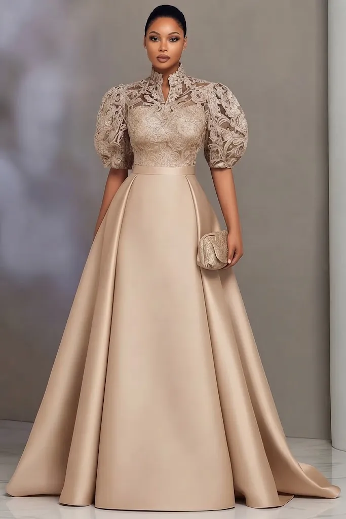 Plus Size Formal Satin Champagne Stand-Up Collar Puff Sleeve Pleated Contrast Lace Maxi Dress