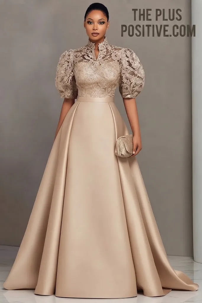 Plus Size Formal Satin Champagne Stand-Up Collar Puff Sleeve Pleated Lace Maxi Dress