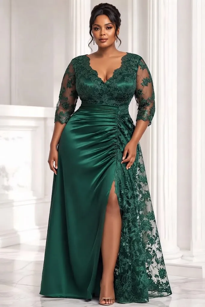 Plus Size Formal Satin Emerald Green V-Neck 34 Sleeve Split Contrast Lace Maxi Dress