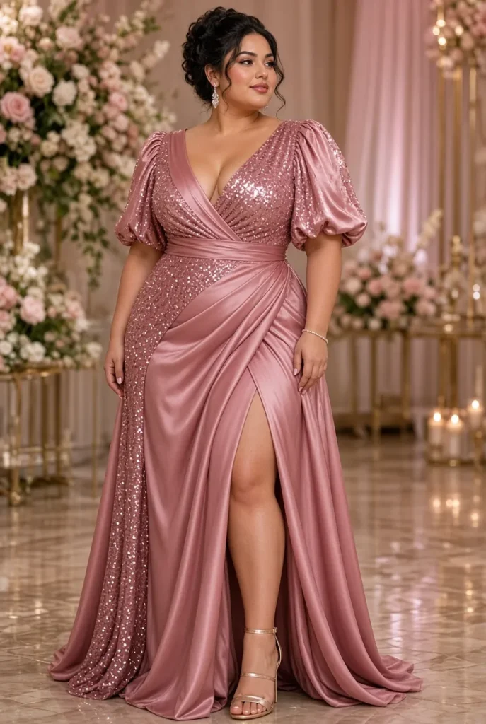 Plus Size Formal Satin Pink Wrap Neck Puff Sleeve Short Sleeve Split Contrast Sequin Maxi Dress