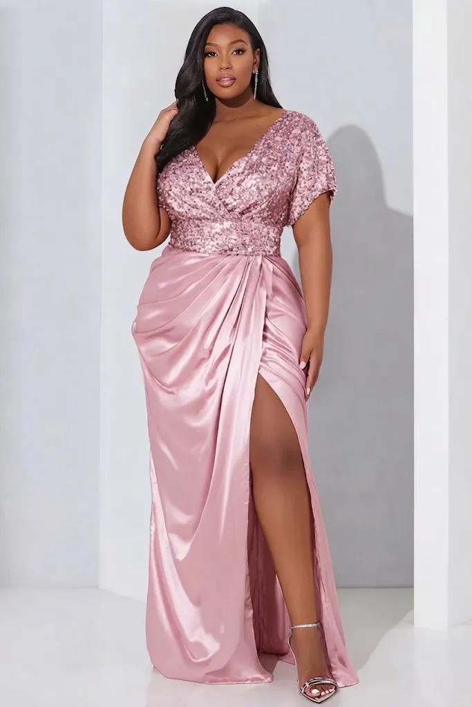 Plus Size Formal Satin Pink Wrap Neck Puff Sleeve Split Contrast Sequin Maxi Dress