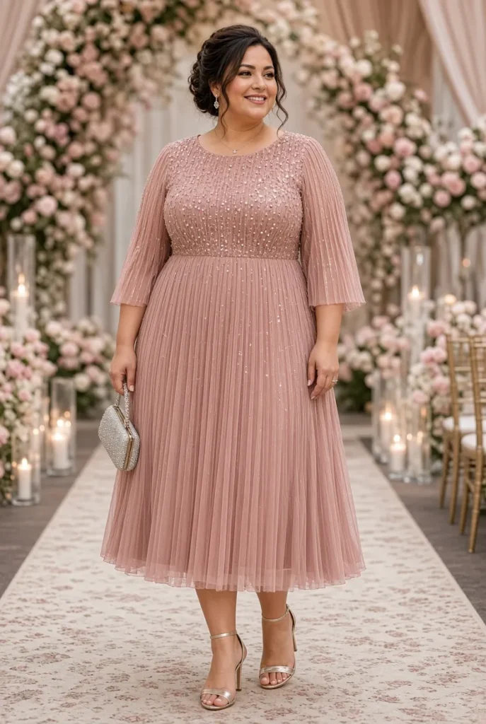 Plus Size Formal Tulle Pink Round Neck 3/4 Sleeve Pleated Sequin Midi Dress