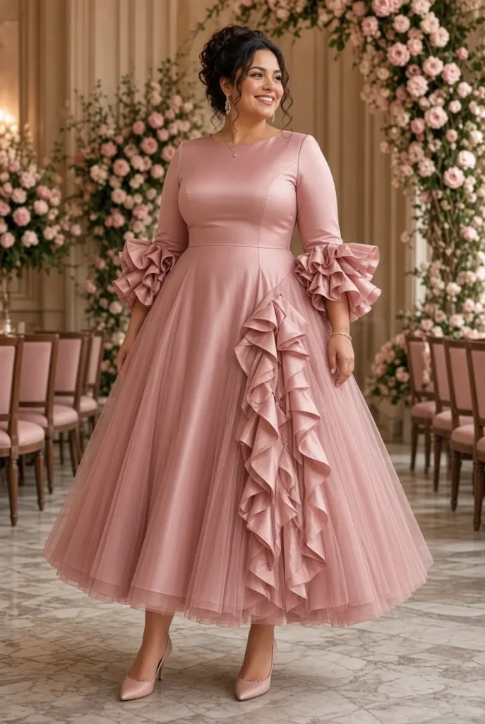 Plus Size Formal Tulle Pink Round Neck Long Sleeve Contrast Elegant 3D Satin Midi Dress