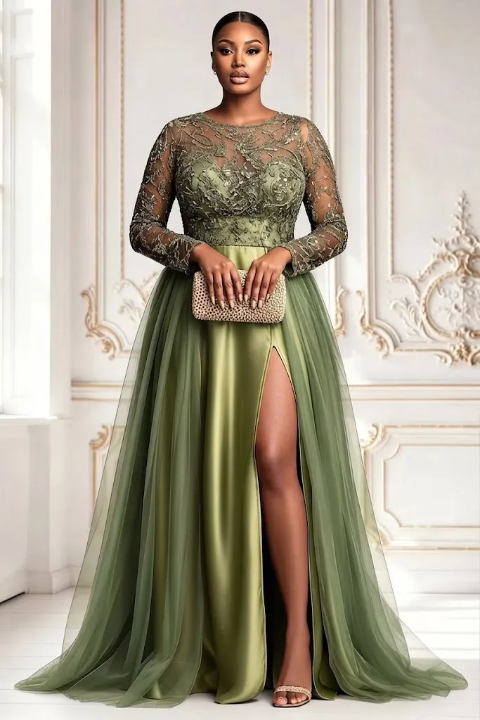 Plus Size Formal Tulle Sage Green Round Neck Long Sleeve Split Contrast Satin Maxi Dress