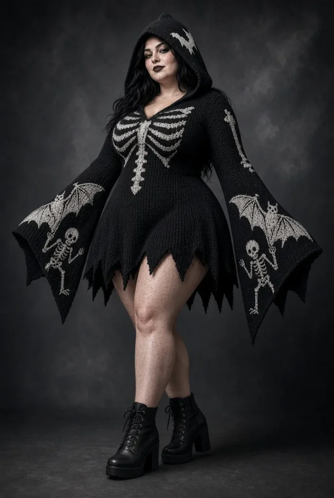 Plus Size Halloween Costume Black Bat Skeletons Knitted Mini Dress