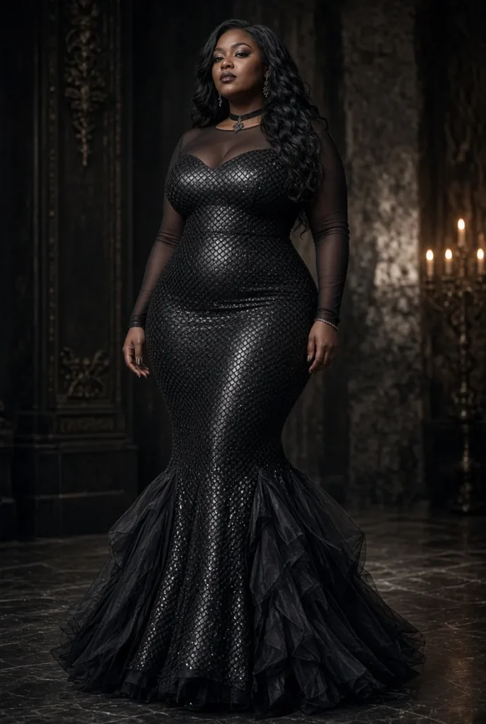 Plus Size Halloween Costume Black Gothic Mermaid Glitter Maxi Dress